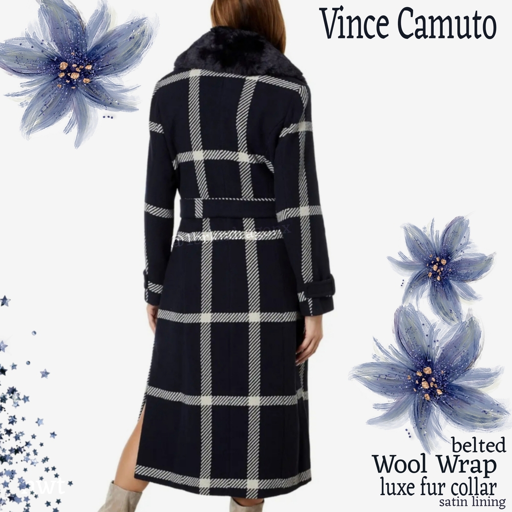 Brand New Vince Camuto Wool Belted Navy White Plaid Trench Coat Fur LARGE FUR - Picture 5 of 17